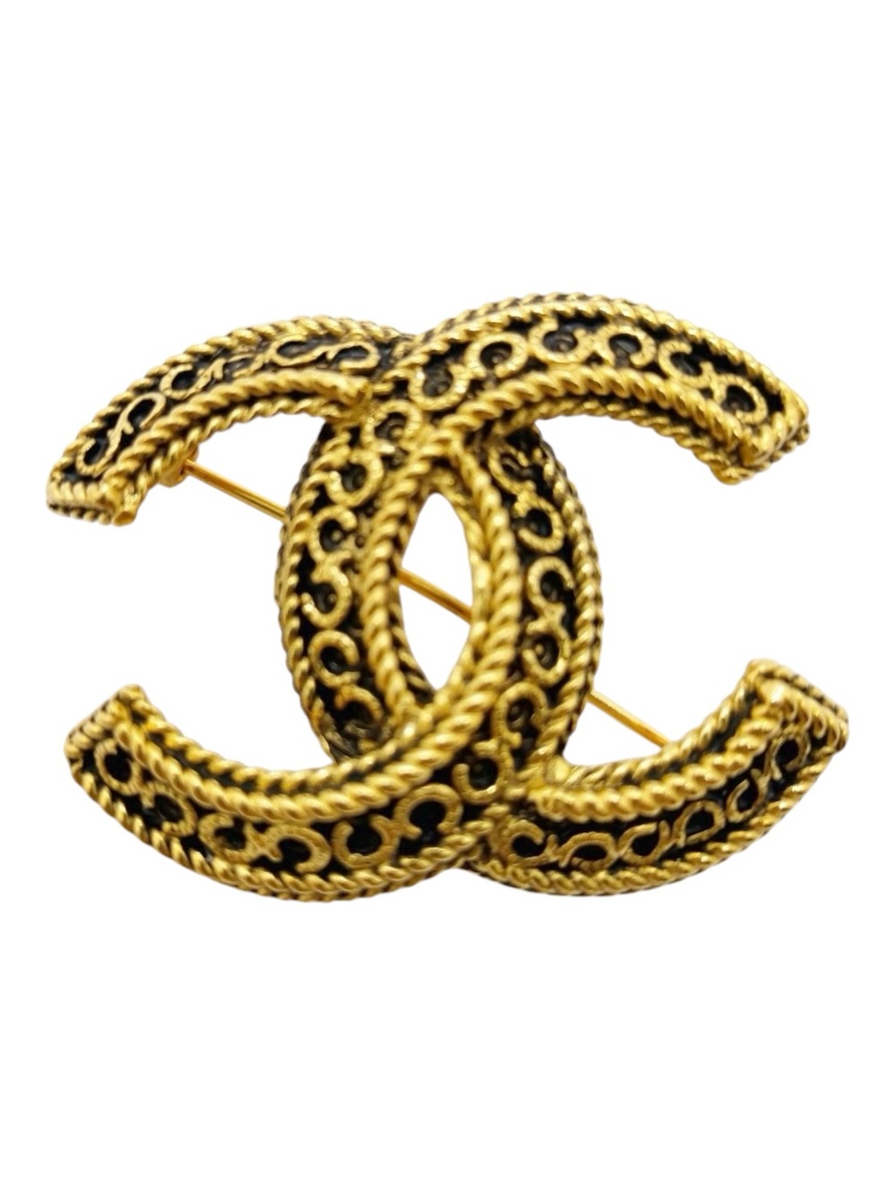 Authentic Vintage CHANEL CC Openwork Filigree Rope Gold Plated Brooch Pin 1108
